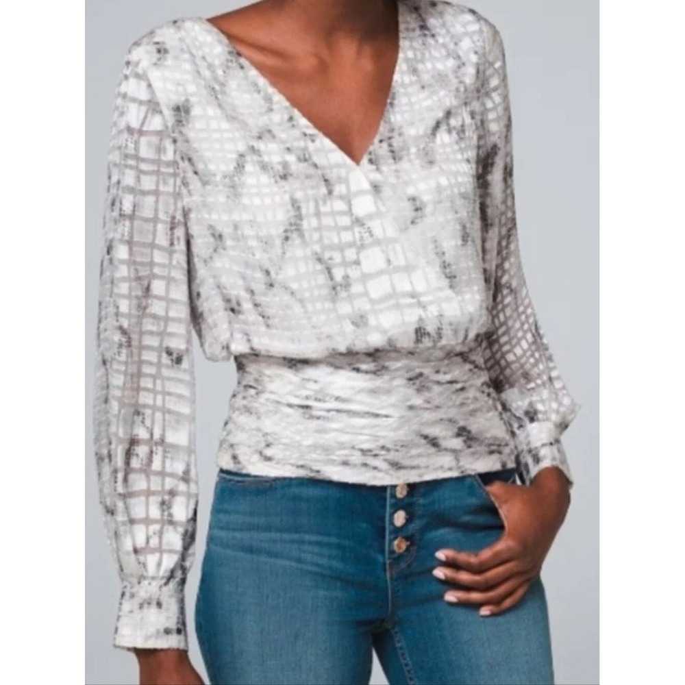 WHBM Long Sleeve V Neck Wrapped Smocked Top